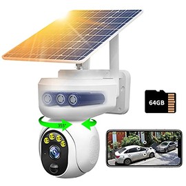 Luovisee Wireless Solar Outdoor Home Security WiFi Camera PTZ Full Color Night Vision with Audio,PIR Motion Detection Alarm,64G SD Card, Rechargeable Battery,IP65 Weather Proof,Siren,360 View