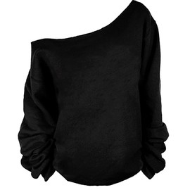 MAGICMK Woman’s Sweatershirt Lips Print Causal Blouse Off The Shoulder Long Sleeve Loose Slouchy Pullover Plus Size Tops(L) Black