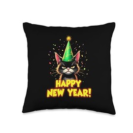 Happy New Year 2025 Funny New Year's Eve Party Hat Mad Cat Throw Pillow