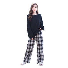 WULFUL Women's Loungewear, 100% Cotton, Fall, Spring, Long Sleeve, Pajamas, Cute, Top and Bottom Set, Wide Pants, Loose, Skin-Friendly, 3 Types, Type C Black + Cheek Pattern