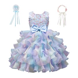 YOOCHUENG Girls Rainbow Tutu Dress Set Ruffle Princess Party Gown with Back Zip 4-9 Years,Flower Girl Wedding Bridesmaid Dress for Party Birthday,Includes Hair Hoop,Wand & Gift Box (120cm,5-6 Years)