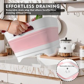 Collapsible Dish Basin with Drain Plug - Foldable Kitchen Sink for Baby Bottles, Dishes, Laundry - Portable Wash Basin for Camping, Travel - Space-Saving, Durable Plastic(Pink)