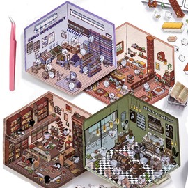 Cute 3D Scene Stickers for Kids,4 Sets DIY 3D House Scene Stickers,Bookstore Restaurant Supermarket Coffee Shop, 3D Cartoon Handcraft Sticker Set, Handcraft Gifts for Kids Adults Party Favors(Purple)