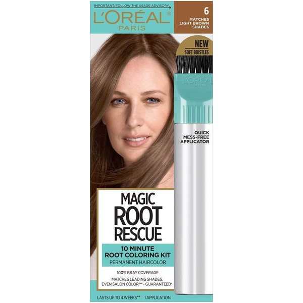 L'Oreal Paris Magic Root Rescue 10 Minute Root Hair Coloring Kit, Permanent Hair Color with Quick Precision Applicator, 100 percent Gray Coverage, 6 Light Brown, 1 kit (Packaging May Vary)