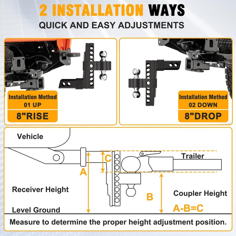 Adjustable Trailer Hitch for 2-Inch Receiver-8-Inch Drop/Rise,2" & 2-5/16" Ball