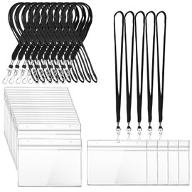 100 Pack Name Tag Lanyards with Id Holder, Clear Plastic Horizontal Name Tags Holders and Black Badge Lanyards with ID Holder for School Office Team Workers Volunteers