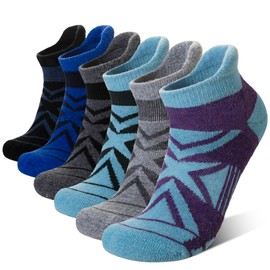 Eyean Merino Wool Ankle Running Socks Hiking Thick Half Support Men Women No Show Socks 6 Pairs (Black/Grey/Blue#, Large)