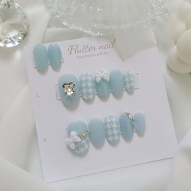 Mint Lovely Hound Check Handmade Nail Tips - Short Ballet / 민트 러블리 하운드체크 수제네일팁 - 숏발레
