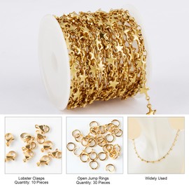 Kyutong 5M Gold Plated Stainless Steel Star Link Chain Roll - 16.4ft/5M - 30pcs Jump Rings + 10pcs Lobster Clasps - DIY Jewelry Making Supplies