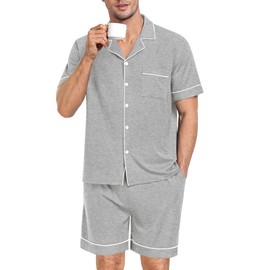 SWOMOG Mens Pajama Set Short Sleeve 2 PCS Sleepwear Button Down Soft Loungewear Modal Set Pj Set with Pockets S-3XL Grey X-Large