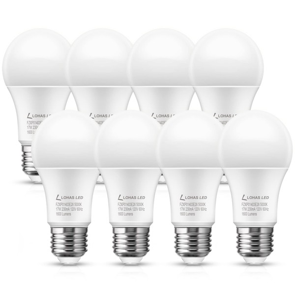 LOHAS A19 LED Bulb 150W Equivalent(UL Listed), 17 Watt Daylight White 5000K LED, 1600 Lumen Energy-Efficient Light Bulb, E26 Medium Base for Living Room, Kitchen, Bedroom,8 Pack