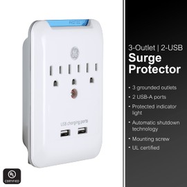 GE Pro 3-Outlet Extender with 2 USB Ports, Surge Protector, Charging Station Wall Tap, Protected Indicator LED, 3-Prong, 540 Joule, 2.4 AMP/10 Watt, UL Listed, White, 33646