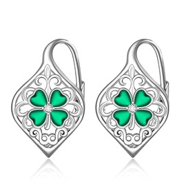 St Patricks Day Earrings Shamrock Earrings for Women Four Leaf Clover Shamrock Sterling Silver Leverback Celtic Irish Green Lucky Jewelry