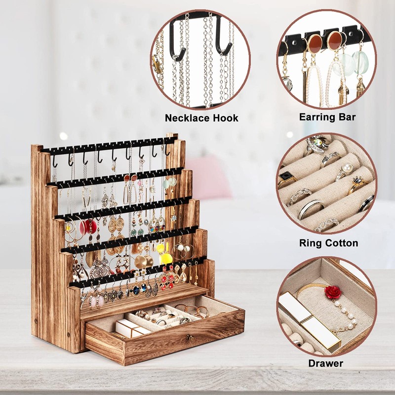 Pinzoveco Earring Organizer, 5 Layer Earring Holder Organizer with Necklace