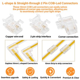 Cob LED Strip Connector 2-Pin 10 mm LED Strip Corner Connector 8 x L-shaped + 4 x Centre Connector 2 Pin Connector Solderless LED Connection for 10 mm Width COB LED Strip 2 Pin 12 V 24 V Pack of 12