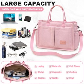 Keyck Women's Corduroy Shoulder Bag, Medium Tote Bag with Zip, Cord Bag, Women's Crossbody Bag, Shopper Bag, Handbag, Shoulder Bags for Work, Office, Travel, Shopping, School, pink