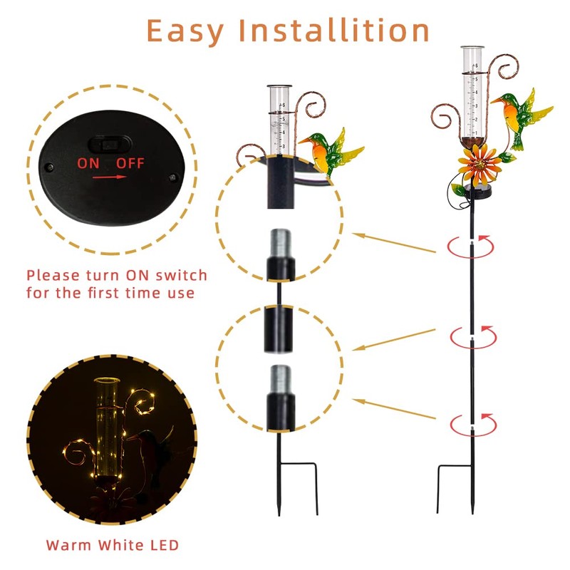 Stargarden Hummingbird Rain Gauge Outdoor,Metal Solar Rain Gauge Decorative Waterproof