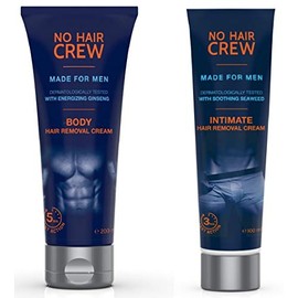 Combo NO HAIR CREW – Lote de 2 cremas- una Crema Depilatoria Íntima Premium - Bote de 100 ml + una Crema Depilatoria Corporal Masculina - Bote de 200 ml - Hechas Para Hombres - Sin riesgo de cortes
