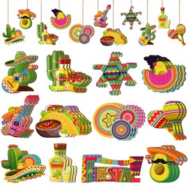 Mexican Fiesta Wooden Ornaments, 37pcs Cinco De Mayo Tree Ornament Hanging Ornaments Mexico Fiesta Wooden Decor for Mexican Fiesta Party Decorations Taco Party Decorations
