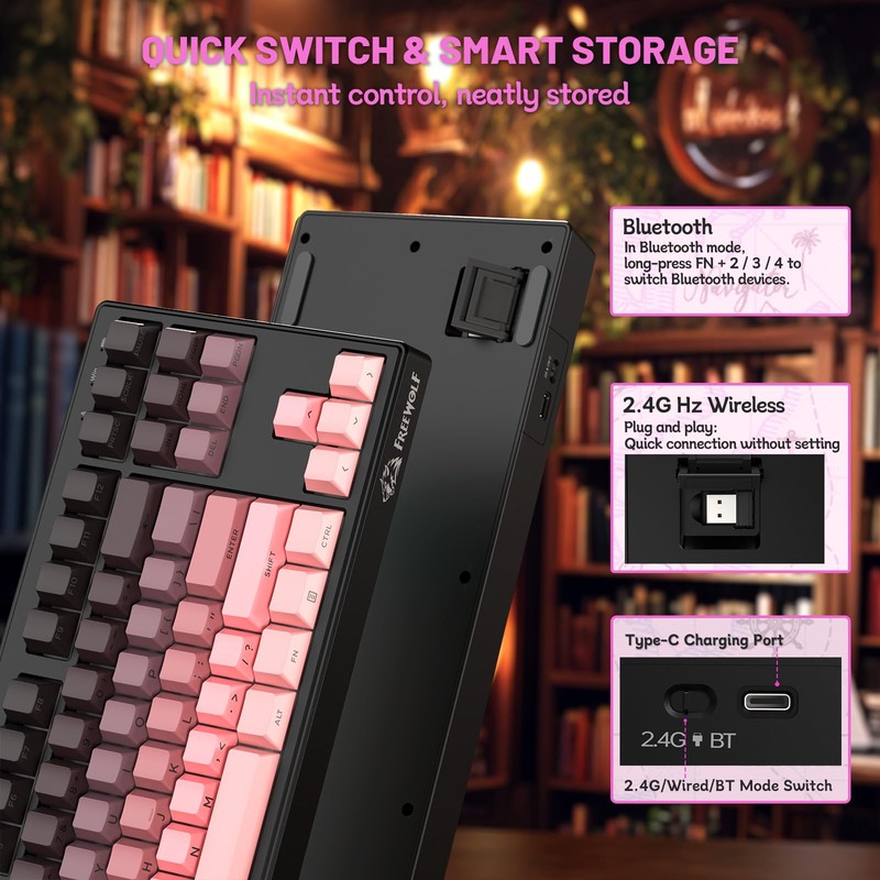 Free wolf M87 V2 87 Keys Membrane Gaming Wireless Keyboard,80%
