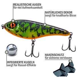 Jerkbait Pike I 15 cm, 80 g Slow Sinking for Large Pikes, Wobbler Jerkbait Pike Fishing, Artificial Bait, Fishing Lure Predatory Fish, UV-Active Jerkbaits (Blotchy Perch UV)