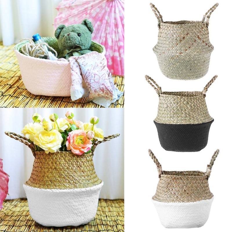 Foldable Storage Baskets Laundry Straw Patchwork Home Seagrass Belly Garden
