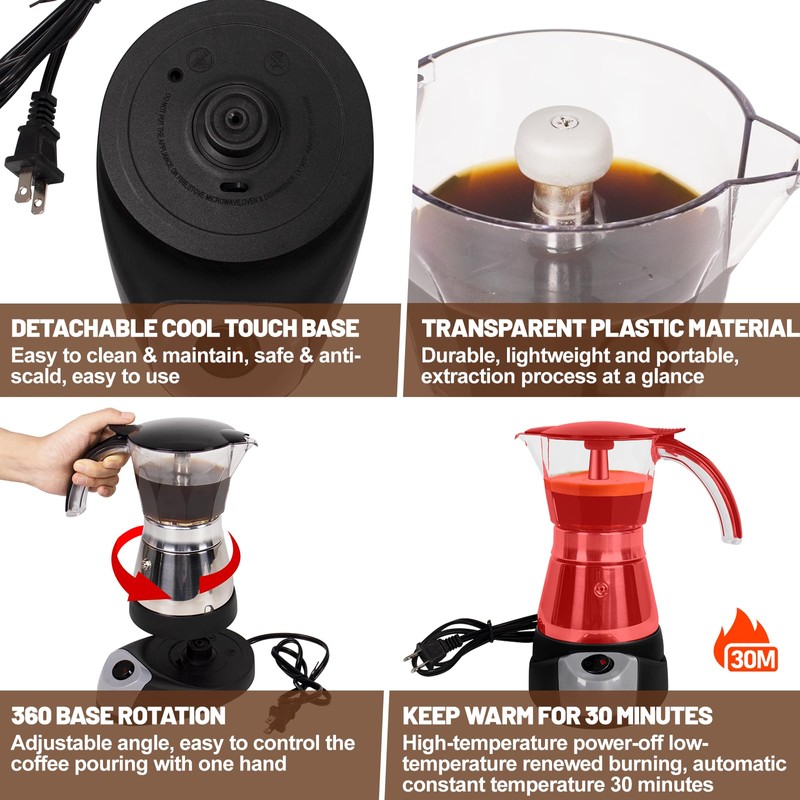 DITOSH Electric Moka Pot 6 Cup 300ml Plastic Transparent Stovetop