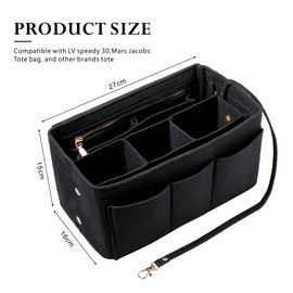 Fentar Handbag Organiser, Felt Bag Organiser with Multiple Compartments, Organiser Bag, Durable Bag Organiser, Shopper with Zip, Inner Pockets for Handbags (27 x 16 x 15 cm, Black)