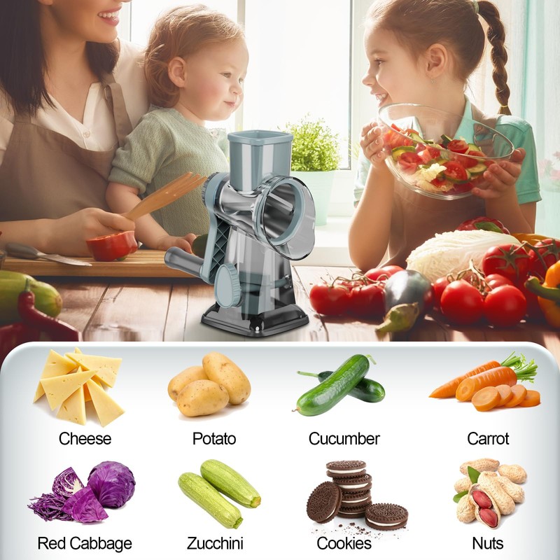 Cheese Grater Cheese Shredder with 3 Interchangeable Blades, Rotary Cheese