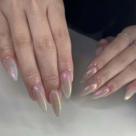 Almond False Nails - 24PCS Pearl Fake Nails - Natural Look Medium Length Stick on Nails - Aurora Style Glossy Full Press on Nails - Removable DIY Nail Art Gifts for Women Girls