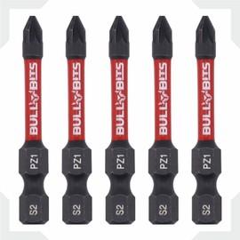 5X Bull Bits 50mm PZ1 Impact Screwdriver Bits Set – Pozi Pozidriv, Shock Zone, S2 Steel, Torsion Zone