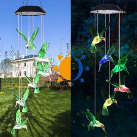 Solar Wind Chime Light, Solar Powered Color Changing LED Hanging Hummingbird Wind Chime Light for Outdoor Indoor Gardening Yard Pathway Decoration (Green Wing)