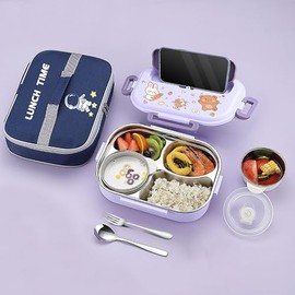 Kaseo Bento box for kids/adults, 304 Stainless steel insulated 4 compartments lunch box with Soup Bowl, Thermal bag, Spoon and folk, Leak proof, Microwavable, Dishwasher safe, 5 colors (Purple)
