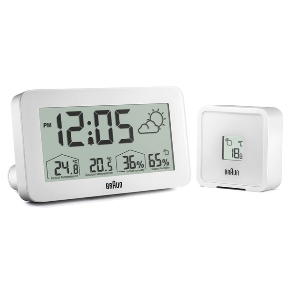 BC13WP Brown Digital Weather Station Clock with Indoor/Outdoor Temperature, Humidity, Forecast, LCD Display, Quick Setting, Swelling Alarm Beep in White, Model BC13WP