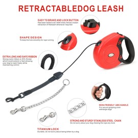 Idepet Heavy Duty Retractable Dog Leash for Small and Medium Dogs, Anti-Chewing Steel Chain Design,360 DegreeTangle-Free,Break and Lock System,26ft Leash Dog Walking (Red, Round Rope)