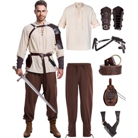 Vanderdyken 8 Pcs Renaissance Costume for Men Medieval Pirate Shirt Pant with Viking Belt Bracer Bag Scabbard and Shoulder Armor (Vintage Color, Medium)