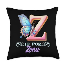 Z Is For Zena Girly Butterfly And Flower Initial Name Throw Pillow