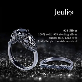 Jeulia 4.62 Carat Black Skull Rings Set Round Cut Sterling Silver Rings Set Jewellery for Engagement Ring Wedding Ring for Women and Girls with Gift Box, Silver