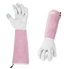 Vgo... 1-Pair Premium Genuine Goat Leather Extra-Long Cuff Thornproof Gardening Gloves (Size M, Pink White, GA1013)