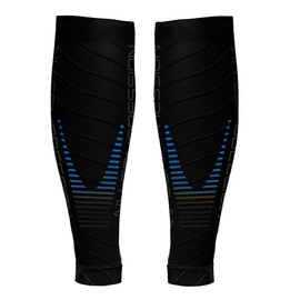 NV Compression Essential Race and Recover Calf Guards/Sleeves (PAIR) 20-30mmHg - For Sports Recovery, Shin Splints, Medical, Work, Flight - Running, Cycling, Gym (Black/Blue Stripes, L-XL)