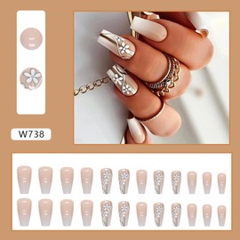 Gradient Press on Nails,Long Square Fake Nails,Glossy Coffin Shape False Nails with Glue on Nails,Vintage Gold Lines White Flower Stick on Nail,Reusable Full Cover Artificial Acrylic Nail for Women