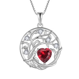 FJ Tree of Life Necklace Women's 925 Sterling Silver Tree of Life Necklace Pendant Birthstone Jewellery Gifts for Women, Cubic Zirconia, Ruby
