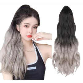 Ponytail Gradient Wig Long Curly Wig Natural Fluffy Curly Hair Clip Type Heat Resistant Fiber Part Extension Wave Point Wig Length 53cm Fashion Ponytail (B)