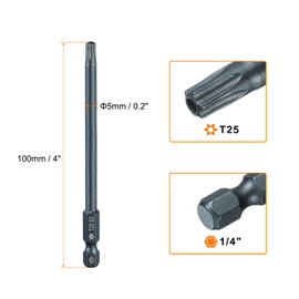 HARFINGTON 2pcs T25 Torx Screwdriver Bit 1/4" Hex Shank 4" Long S2 Steel Magnetic 6 Point Screw Driver Bits Industrial Grade Tamper Proof Star Drill Bits with Hole Torx Head