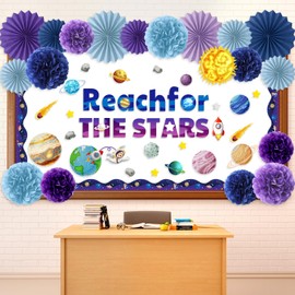 Funrous Outer Space Bulletin Board Decorations with 3D Blue Purple Paper Fans Tissue Poms Space Classroom Decor Planet Reach for The Stars Paper Cutouts for Back to School Classroom Wall Decor