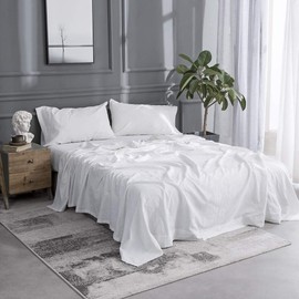 Simple&Opulence Belgian Linen Sheet Set Solid Color - 4 Pieces (1 Flat Sheet & 1 Fitted Sheet & 2 Pillowcases) Natural Flax Cotton Blend Soft Bedding Breathable Farmhouse - White, King Size