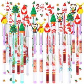 Teling 24 Pcs Christmas Stackable Pencils Bulk Multi Point Push Pencils with Santa Claus Christmas Tree Snowman Reindeer for Kids Classroom Rewards Christmas Party Favors Prize Stuffers