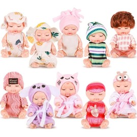10 count 4 Inch Mini Baby Dolls Lifelike Realistic Tiny Baby Dolls with Animal Clothes Cute Infant Figurine Gifts Set for Toddlers Girls Kids 3+ Graduation Birthday Easter(Lovely Style) - Color: Cozy Style