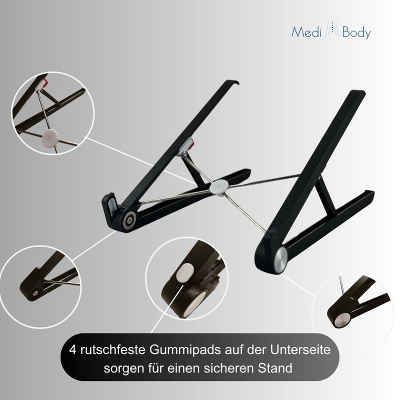 Medi Body Laptop Stand Height Adjustable, Black, Foldable, Non-Slip, Notebook