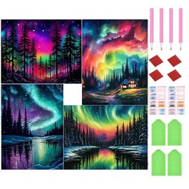 Aurora Landscape Pattern DIY Diamond Arts Colorful Painting Kit, 4 Counts/set DIY 5D Diamond Arts Painting Kit, Wall Art Decor for Home